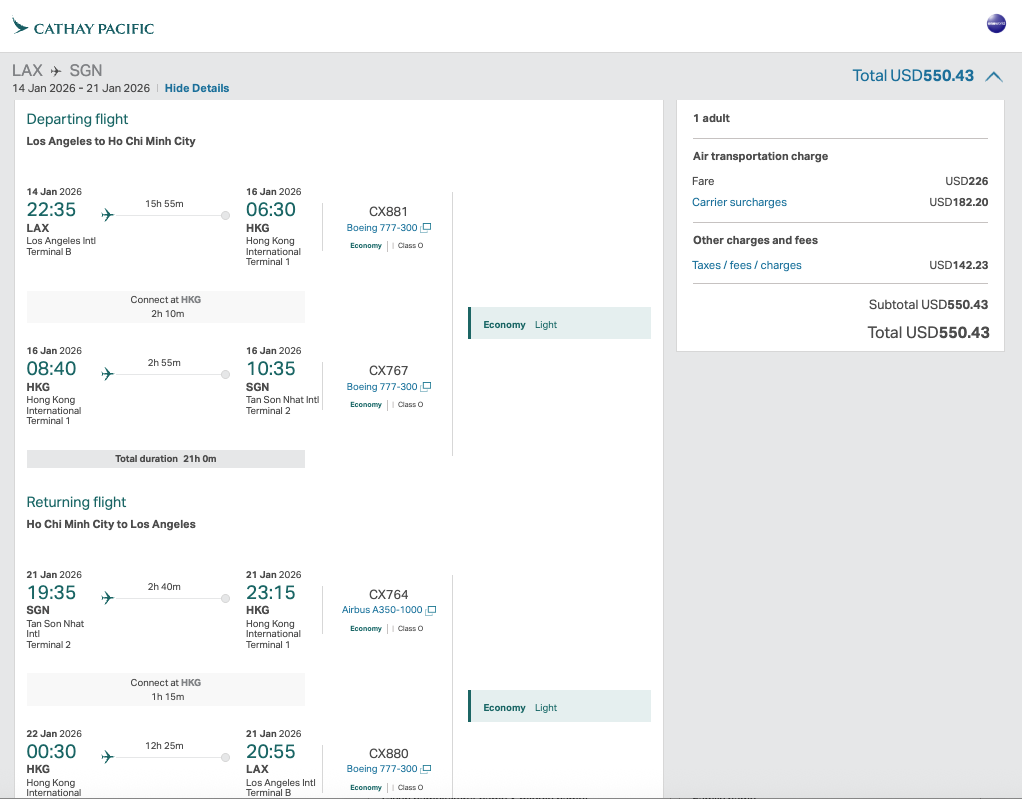 Cathay Pacific LAX-SGN